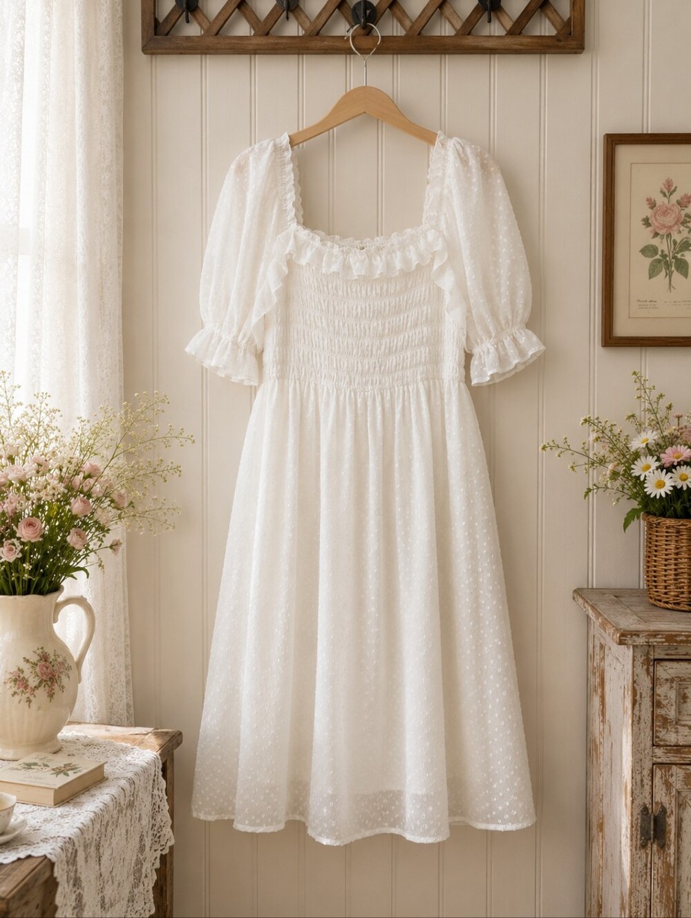 INDIGO ROSE | White Swiss Dot Smocked Puff Sleeve Midi Dress | Size 2X - Picture 5 of 7